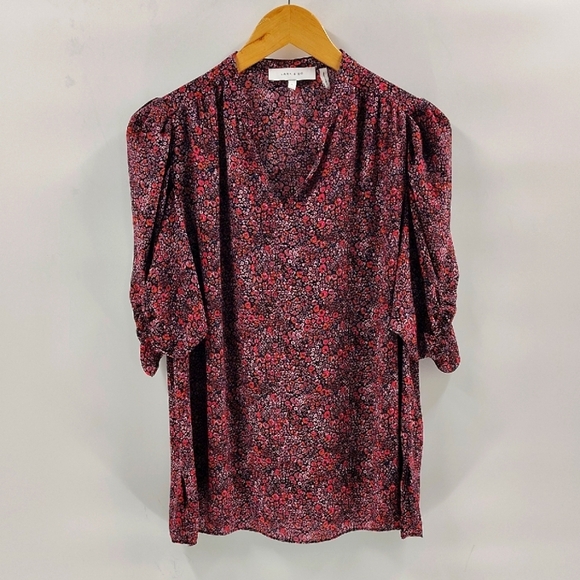 Lark & Ro Blouse Size Large Pullover Cinch Sleeve Multicolor Floral Lightweight - Picture 1 of 9